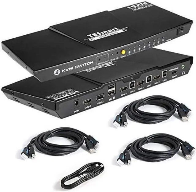 TESmart HDMI and USB C KVM Switch 4 Port Box UHD 4K 60Hz RGB 4:4:4 USB 2.0 Hub Stereo Audio Hotkey Button Switching PC Keyboard Mouse Switcher for 3 HDMI and 1 USB-C Computers with 5ft Cables