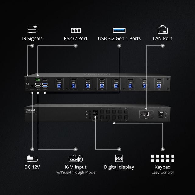 TESmart USB 3.0 HDMI KVM Switch 8 Port 4K 60Hz 8X1 Rackmount KVM Enterprise-Grade EDID Emulator Hotkey Switch RS232 LAN Port IR Remote IP Control Auto Scan With 8 Pcs 5ft KVM Cable