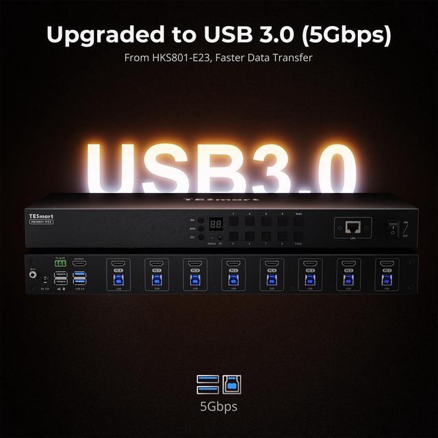 TESmart USB 3.0 HDMI KVM Switch 8 Port 4K 60Hz 8X1 Rackmount KVM Enterprise-Grade EDID Emulator Hotkey Switch RS232 LAN Port IR Remote IP Control Auto Scan With 8 Pcs 5ft KVM Cable