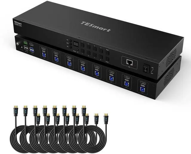 TESmart USB 3.0 HDMI KVM Switch 8 Port 4K 60Hz 8X1 Rackmount KVM Enterprise-Grade EDID Emulator Hotkey Switch RS232 LAN Port IR Remote IP Control Auto Scan with 8 Pcs 5ft KVM Cable