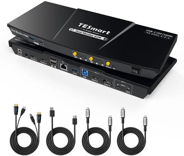 TESmart USB-C MST&EDID KVM Switch 2 Monitors 2 Computers HDMI+DisplayPort USB 3.0 KVM Docking Station for Laptop&Desktop 4K 60Hz Gigabit Network Hotkey Switch Input Cables