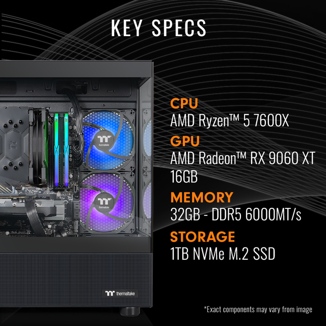Thermaltake Gaming Desktop PC V17B-B650-96X-LCS AMD Ryzen 5 7600X 32GB DDR5 1TB NVMe SSD AMD Radeon RX 9060 XT Windows 11 Home