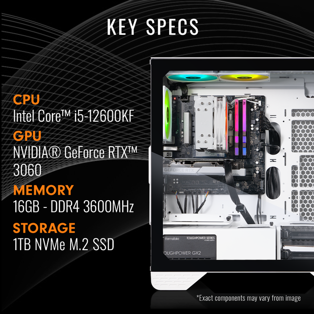 Thermaltake LCGS Glacier I1260S Gaming Desktop (Intel Core I5-12600KF ToughRam DDR4 3600Mhz 16GB RGB Memory NVIDIA GeForce RTX 3060 1TB NVMe M.2 Wifi Win11 Home) S3WT-B760-360-LCS