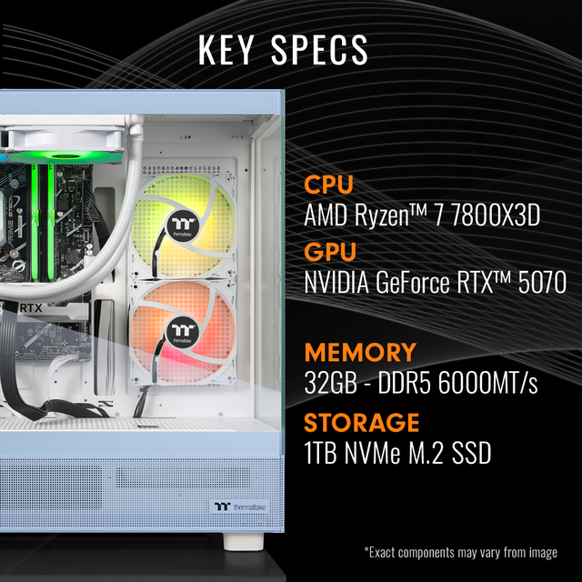 Thermaltake LCGS View 7870H-270 Gaming Desktop (AMD Ryzen 7 7800X3D ToughRam 32GB DDR5 6000MT/s RGB Memory NVIDIA GeForce RTX 5070 1TB NVMe M.2 Wifi Windows 11) V27H-B850-570-LCS