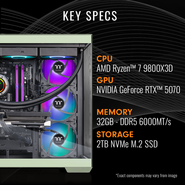 Thermaltake LCGS View 9870M-380 Gaming Desktop (AMD Ryzen 7 9800X3D ToughRam 32GB DDR5 6000MT/s RGB Memory NVIDIA GeForce RTX 5070 2TB NVMe M.2 Wifi Windows 11) V38M-B850-570-LCS