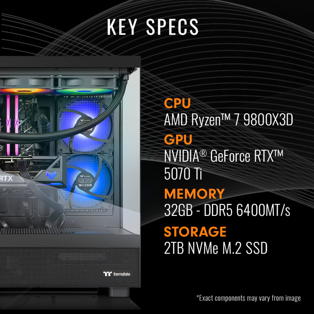 Thermaltake LCGS View 9870T-270 Gaming Desktop (AMD Ryzen 7 9800X3D ToughRam 32GB DDR5 6400MT/s RGB Memory NVIDIA GeForce RTX 5070 Ti 2TB NVMe M.2 Wifi Windows 11) V27B-B850-57T-LCS