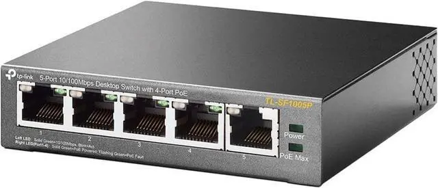 TP-Link 5 Port Fast Ethernet 10/100Mbps PoE Switch 4 PoE Ports 58W Desktop Plug & Play Sturdy Metal w/ Shielded Ports Fanless Limited Lifetime Protection Unmanaged (TL-SF1005P)