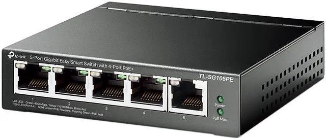 TP-Link 5 Port Gigabit PoE Switch 4 PoE+ Port 65W Easy Smart Plug & Play Limited Lifetime Protection Shielded Ports Support QoS VLAN IGMP and Link Aggregation (TL-SG105PE)