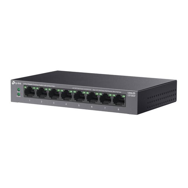 TP-Link LS108GP 8-Port PoE Gigabit Ethernet Switch 8 PoE+ Port 62W Plug & Play Extend Priority & Isolation Mode Desktop/Wall Mount Silent Operation