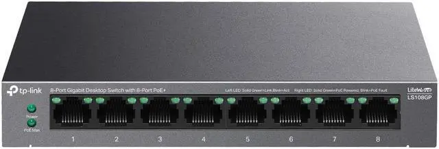 TP-Link LS108GP 8-Port PoE Gigabit Ethernet Switch 8 PoE+ Port 62W Plug & Play Extend Priority & Isolation Mode Desktop/Wall Mount Silent Operation
