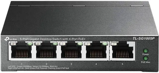 TP-Link TL-SG1005P 5 Port Fast Ethernet PoE Switch 4 PoE+ Ports 67W Desktop Plug & Play Sturdy Metal w/ Shielded Ports Fanless Limited Lifetime Protection Extend & Priority Mode