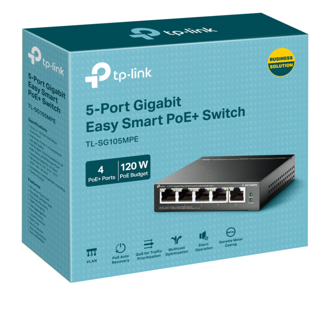 TP-Link TL-SG105MPE 5 Port Gigabit PoE Switch Easy Smart Managed 4 PoE+ Ports 120W W/ 1 Uplink Gigabit Port Limited Lifetime Protection QoS Vlan IGMP & LAG Fanless PoE Auto Recovery