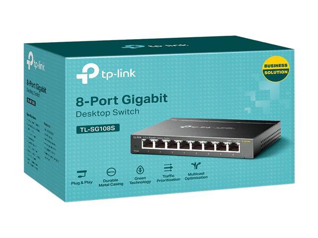 TP-Link TL-SG108S 8 Port Gigabit Ethernet Switch Desktop/Wall-Mount Plug & Play Fanless Sturdy Metal Limited Lifetime Protection 802.1p/DSCP QoS & IGMP Snooping Compact Design
