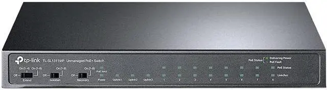 TP-Link TL-SL1311MP 8 Port 10/100Mbps Fast Ethernet PoE Switch 8 PoE+ Ports 124W w/ 2 Uplink Gigabit Ports + 1 SFP Port Limited Lifetime Protection PoE Recovery Extend & Isolation Mode