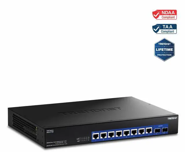 TRENDnet 10-Port 10G Unmanaged Switch TEG-S7102 8 x 10G RJ-45 Ports 2 x 10G SFP+ Ports 200Gbps Switching Capacity Rackmount Design Lifetime Protection Black