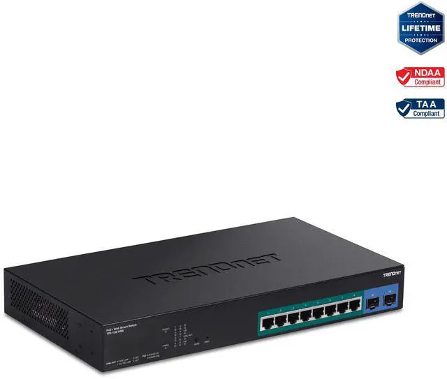 TRENDnet 10-Port Gigabit Web Smart PoE+ Switch with 8 Gigabit PoE+ Ports 2 SFP Slots 130W PoE Budget VLAN QoS LACP IPv4/IPv6 Static Routing Lifetime Protection Black TPE-1021WS