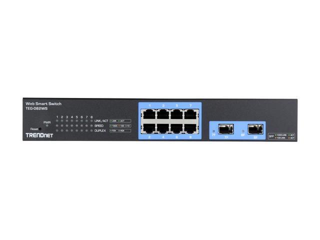 TRENDnet 10-Port Gigabit Web Smart Switch 20 Gbps Switching Capacity 8 X RJ-45 Ports 2 X SFP Slots VLAN QoS LACP IPv6 Support Fanless Rack Mountable Lifetime Protection TEG-082WS