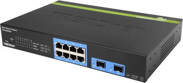 TRENDnet 10-Port Gigabit Web Smart Switch 20 Gbps Switching Capacity 8 x RJ-45 Ports 2 x SFP Slots VLAN QoS LACP IPv6 Support Fanless Rack Mountable Lifetime Protection TEG-082WS