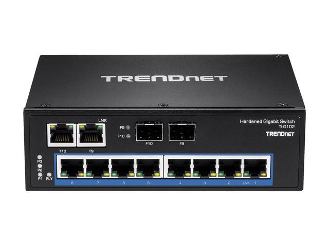 TRENDnet 10-Port Hardened Industrial Gigabit DIN-Rail Switch 20Gbps Switching Capacity DIN-Rail And Wall Mounts Included Dual Redundant Two RJ-45/SFP Ports Lifetime Protection Black TI-G102