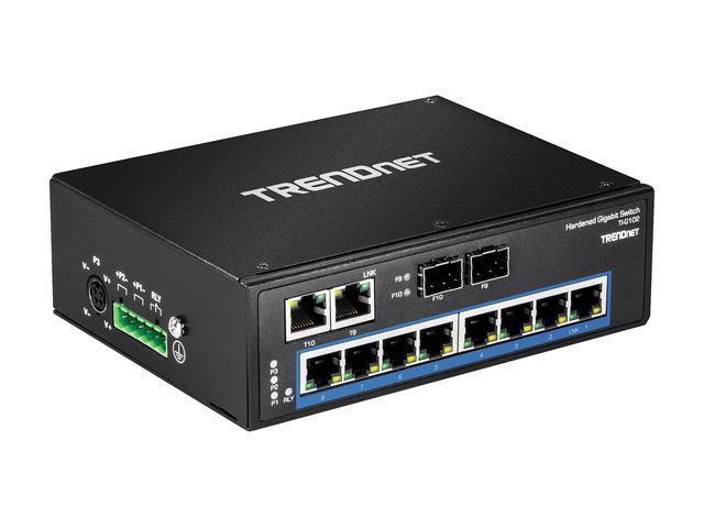 TRENDnet 10-Port Hardened Industrial Gigabit DIN-Rail Switch 20Gbps Switching Capacity DIN-Rail And Wall Mounts Included Dual Redundant Two RJ-45/SFP Ports Lifetime Protection Black TI-G102