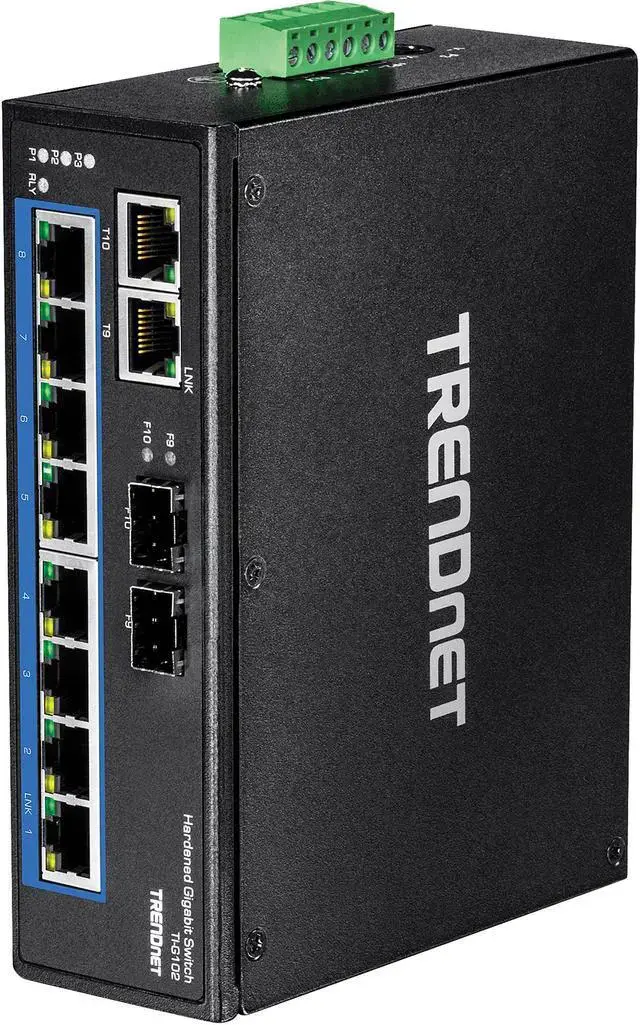 TRENDnet 10-Port Hardened Industrial Gigabit DIN-Rail Switch 20Gbps Switching Capacity DIN-Rail And Wall Mounts Included Dual Redundant Two RJ-45/SFP Ports Lifetime Protection Black TI-G102