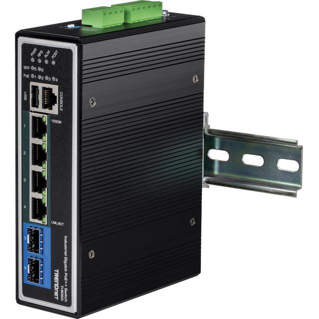 TRENDnet 10-Port Hardened Industrial Unmanaged Gigabit PoE ++ DIN-Rail Switch 4 Gigabit PoE++ Ports 4 Gigabit PoE+ 2 Gigabit Share Ports SFP Or RJ-45 360W Power Budget Black TI-BG104