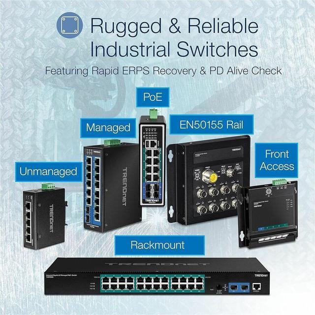 TRENDnet 10-Port Hardened Industrial Unmanaged Gigabit PoE ++ DIN-Rail Switch 4 Gigabit PoE++ Ports 4 Gigabit PoE+ 2 Gigabit Share Ports SFP Or RJ-45 360W Power Budget Black TI-BG104