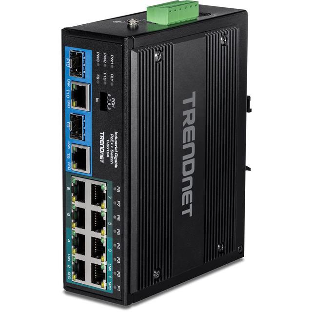 TRENDnet 10-Port Hardened Industrial Unmanaged Gigabit PoE ++ DIN-Rail Switch 4 Gigabit PoE++ Ports 4 Gigabit PoE+ 2 Gigabit Share Ports SFP Or RJ-45 360W Power Budget TI-BG104