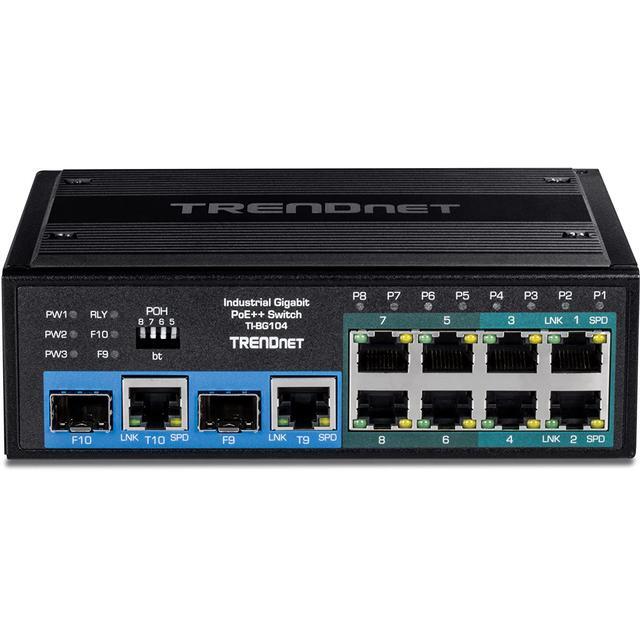 TRENDnet 10-Port Hardened Industrial Unmanaged Gigabit PoE ++ DIN-Rail Switch 4 Gigabit PoE++ Ports 4 Gigabit PoE+ 2 Gigabit Share Ports SFP Or RJ-45 360W Power Budget TI-BG104