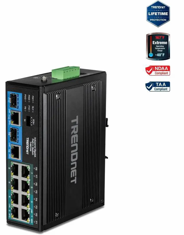 TRENDnet 10-Port Hardened Industrial Unmanaged Gigabit PoE ++ DIN-Rail Switch 4 Gigabit PoE++ Ports 4 Gigabit PoE+ 2 Gigabit Share Ports SFP or RJ-45 360W Power Budget TI-BG104