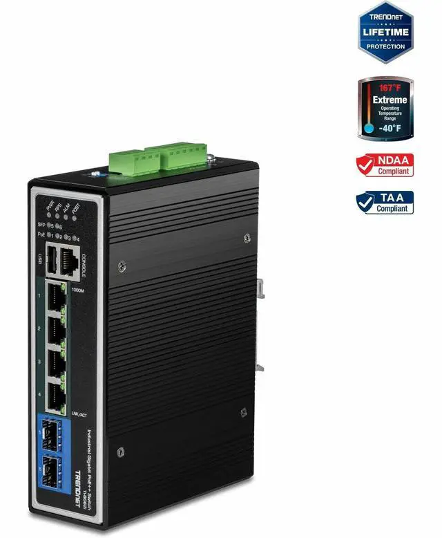 TRENDnet 10-Port Hardened Industrial Unmanaged Gigabit PoE ++ DIN-Rail Switch 4 Gigabit PoE++ Ports 4 Gigabit PoE+ 2 Gigabit Share Ports SFP or RJ-45 360W Power Budget Black TI-BG104