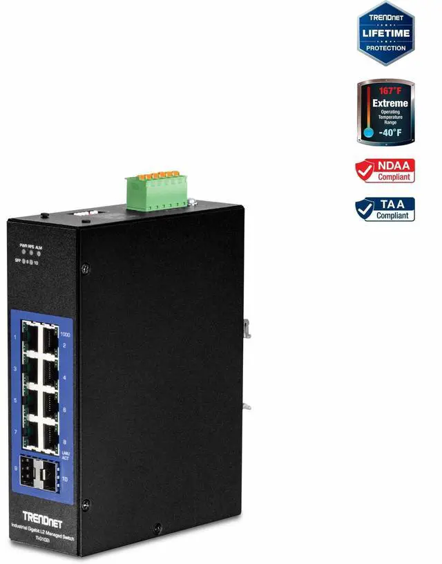 TRENDnet 10-Port Industrial Gigabit L2 Managed DIN-Rail Switch 8 X Gigabit 2 X SFP Slots DIN-Rail Mount IP30 Ethernet Splitter NDAA & TAA Compliant TI-G102i
