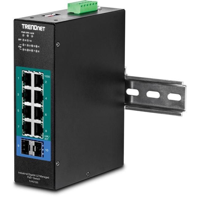 TRENDnet 10-Port Industrial Gigabit L2 Managed PoE+ DIN-Rail Switch 8 X Gigabit PoE+ Ports DIN-Rail Mount 2 X SFP Slots 24-57V DC Power Input IP30 VLAN Black TI-PG102i