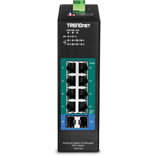 TRENDnet 10-Port Industrial Gigabit L2 Managed PoE+ DIN-Rail Switch 8 X Gigabit PoE+ Ports DIN-Rail Mount 2 X SFP Slots 24-57V DC Power Input IP30 VLAN Black TI-PG102i