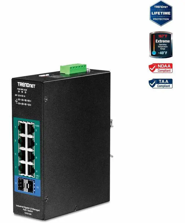 TRENDnet 10-Port Industrial Gigabit L2 Managed PoE+ DIN-Rail Switch 8 x Gigabit PoE+ Ports DIN-Rail Mount 2 x SFP Slots 24-57V DC Power Input IP30 VLAN Black TI-PG102i