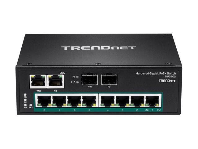 TRENDnet 10-Port Industrial Gigabit PoE+ DIN-Rail Switch 8 X Gigabit PoE+ Ports DIN-Rail Mount 2 X SFP Slots 240W PoE Power Budget Network Switch IP30 QoS Black TI-PG102
