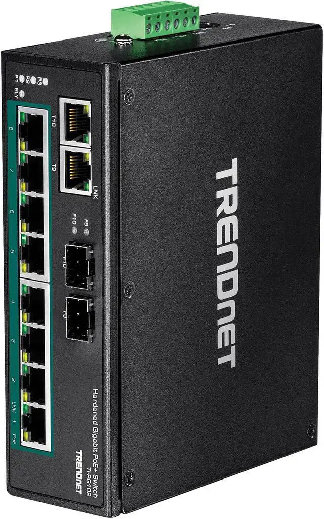 TRENDnet 10-Port Industrial Gigabit PoE+ DIN-Rail Switch 8 x Gigabit PoE+ Ports DIN-Rail Mount 2 x SFP Slots 240W PoE Power Budget Network Switch IP30 QoS Black TI-PG102