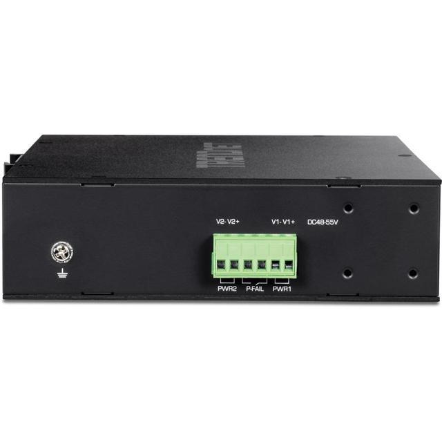 TRENDnet 10-Port Industrial Gigabit PoE+ Switch WideTemperature Range -20° – 65°C (-4° – 149°F) DIN Rail Switch 50-55V DC 8 X Gigabit PoE+ Ports 2 X Gigabit SFP Slots TI-PGM102 Black
