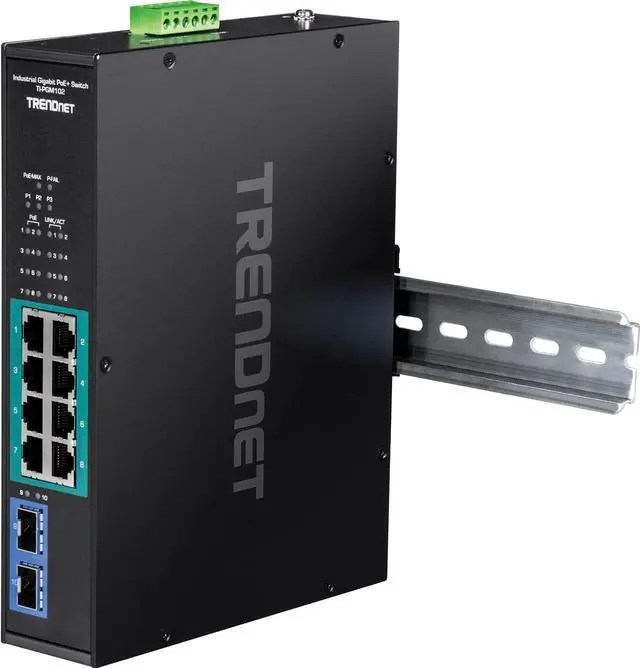 TRENDnet 10-Port Industrial Gigabit PoE+ Switch WideTemperature Range -20° – 65°C (-4° – 149°F) DIN Rail Switch 50-55V DC 8 x Gigabit PoE+ Ports 2 x Gigabit SFP Slots TI-PGM102 Black