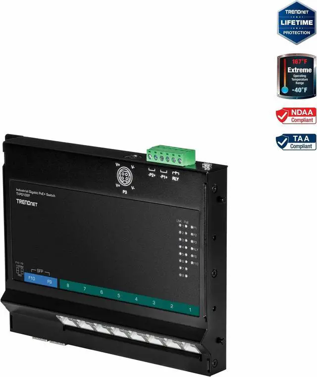 TRENDnet 10-Port Industrial Gigabit PoE+ Wall-Mounted Front Access Switch TI-PG102F 8x Gigabit PoE+ Ports 2 x Gigabit SFP Slots 240W PoE Budget DIN-Rail & Wall Mount Brackets Included IP30 Rated