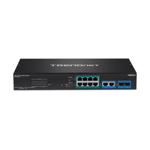 TRENDnet 12-Port Gigabit PoE+ Smart Surveillance Switch With 8 X Gigabit PoE+ Ports; TPE-3012LS; 2 X Gigabit Ports; 2 X SFP Slots; 110W PoE Budget; Long Range PoE+; VLAN; QoS; LACP; ONVIF