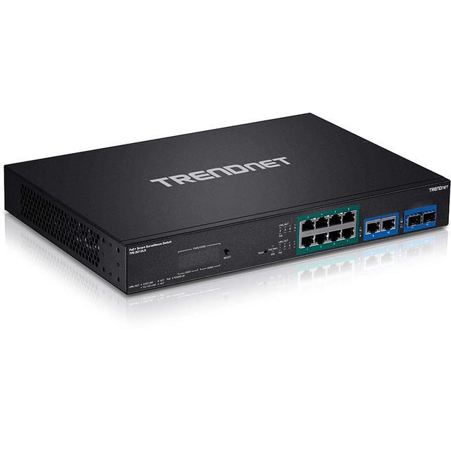 TRENDnet 12-Port Gigabit PoE+ Smart Surveillance Switch With 8 X Gigabit PoE+ Ports; TPE-3012LS; 2 X Gigabit Ports; 2 X SFP Slots; 110W PoE Budget; Long Range PoE+; VLAN; QoS; LACP; ONVIF