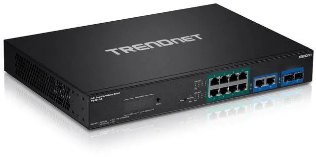 TRENDnet 12-Port Gigabit PoE+ Smart Surveillance Switch with 8 x Gigabit PoE+ Ports; TPE-3012LS; 2 x Gigabit Ports; 2 x SFP Slots; 110W PoE Budget; Long Range PoE+; VLAN; QoS; LACP; ONVIF