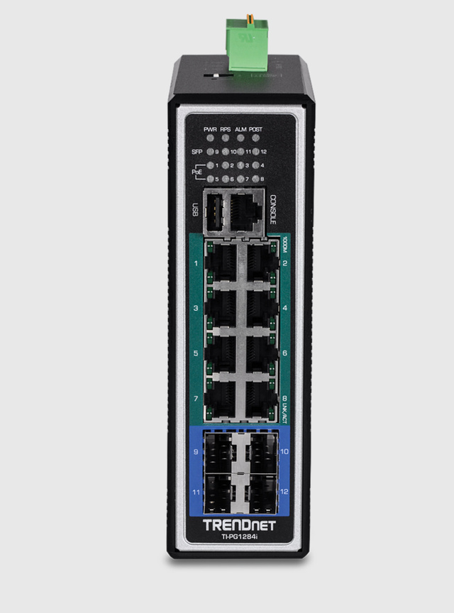 TRENDnet 12-Port Hardened Industrial Gigabit PoE+ Layer 2+ Managed DIN-Rail Switch TI-PG1284i 240W Power Budget IP30 Rated Ethernet Splitter NDAA & TAA Compliant Lifetime Protection Black