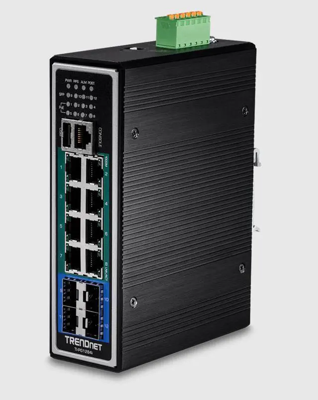 TRENDnet 12-Port Hardened Industrial Gigabit PoE+ Layer 2+ Managed DIN-Rail Switch TI-PG1284i 240W Power Budget IP30 Rated Ethernet Splitter NDAA & TAA Compliant Lifetime Protection Black