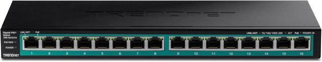TRENDnet 16-Port Gigabit PoE+ Switch 16 X Gigabit PoE+ Ports 120W PoE Budget Up To 30W Per Port 1U 19" Rackmount Brackets Included Fanless Lifetime Protection Black TPE-TG161H