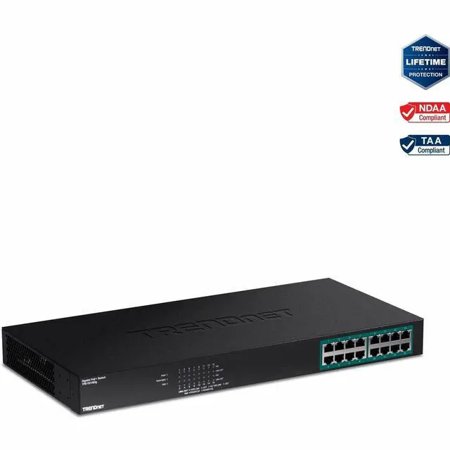 TRENDnet 16-Port Gigabit PoE+ Switch 16 x Gigabit PoE+ Ports 246W PoE Power Budget 32 Gbps Switching Capacity Desktop Switch Ethernet Network Switch Metal Lifetime Protection Black TPE-TG160g