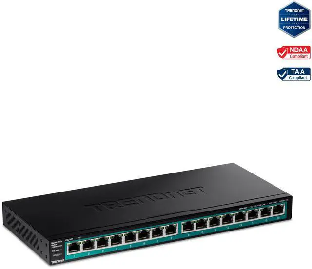 TRENDnet 16-Port Gigabit PoE+ Switch 16 x Gigabit PoE+ Ports 120W PoE Budget Up to 30W Per Port 1U 19" Rackmount Brackets Included Fanless Lifetime Protection Black TPE-TG161H