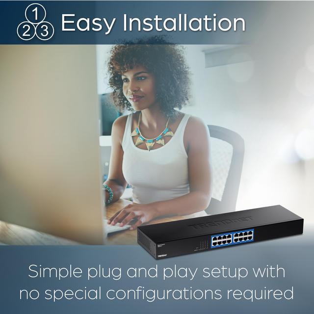 TRENDnet 16-Port Gigabit Switch TEG-S17 16 X Gigabit RJ-45 Ports 32Gbps Switching Capacity Fanless Design Metal Enclosure Internal Power Supply Lifetime Protection Black