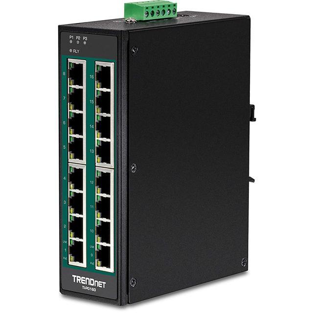 TRENDnet 16-Port Hardened Industrial Unmanaged Gigabit 10/100/1000Mbps DIN-Rail Switch W/ 16 Gigabit PoE+ Ports Lifetime Protection TI-PG160